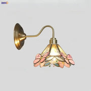 Modern brass butterfly wall sconce with pink and blue stained glass shade for bedroom decorbites clear glass lighting