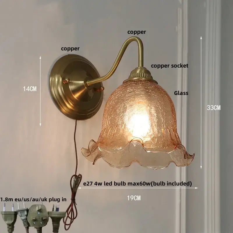 Antique brass copper wall sconce with textured amber glass shade and ruffled edges for decorbites clear glass decor