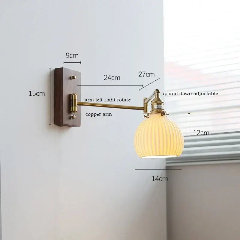 Adjustable copper arm wall light with ribbed warm glass shade and brass canopy led pull chain switch for bedroom decorbites canopy led wall