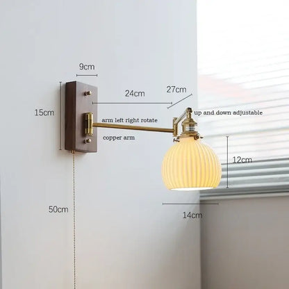 Adjustable brass arm wall light with ribbed cream glass shade decorbites canopy led wall for modern bedroom lighting