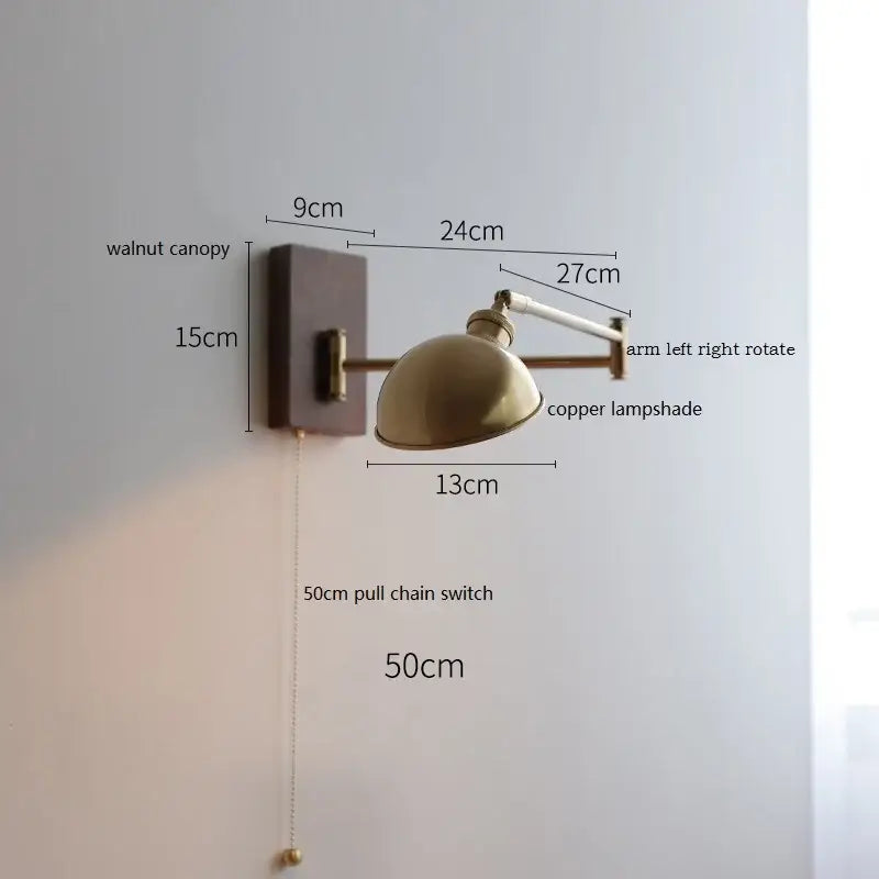 Copper lampshade wall light with walnut canopy and adjustable arm featuring decorbites canopy led wall design