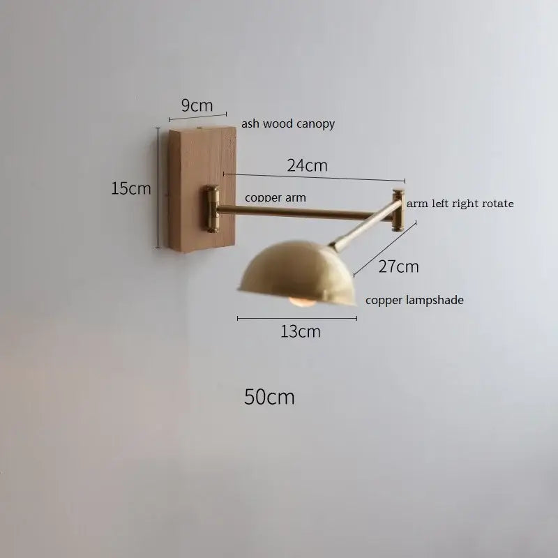 Modern brass canopy led wall light with warm ash wood canopy copper arm and dome shade ideal for decorbites canopy led lighting