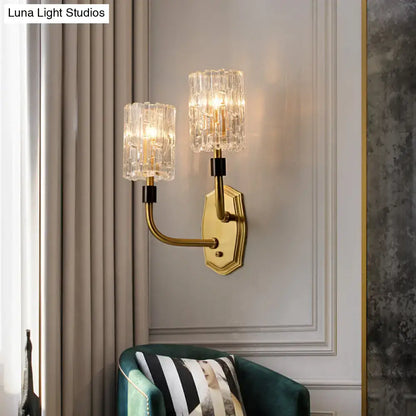 Gold-toned modern brass clear glass sconce with two faceted crystal shades for living room inch fixture
