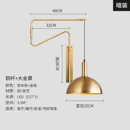 Modern brass copper adjustable wall lamp with gold-finished curved arm and dome shade for living room decorbites copper adjustable