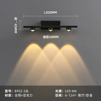 Modern brass copper led wall lamp with black matte finish and three adjustable spotlights for bedroom reading decorbites copper led wall