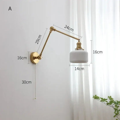 Gold-finished modern brass copper swing arm wall sconce with white ribbed glass shade for bedroom decorbites copper swing