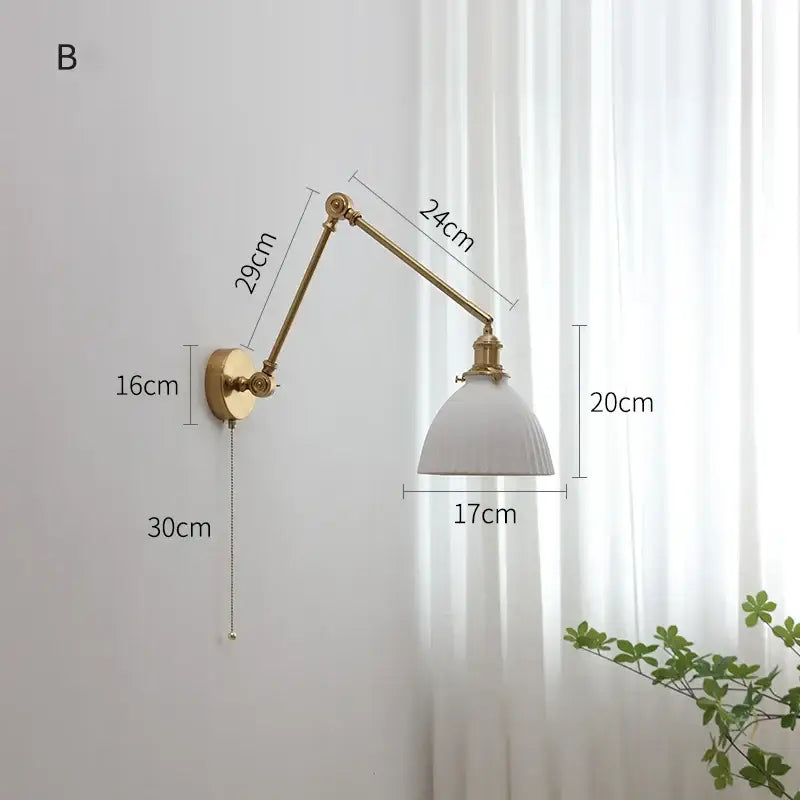 Modern brass copper swing arm wall sconce with white ceramic lampshade and decorbites copper swing arm design
