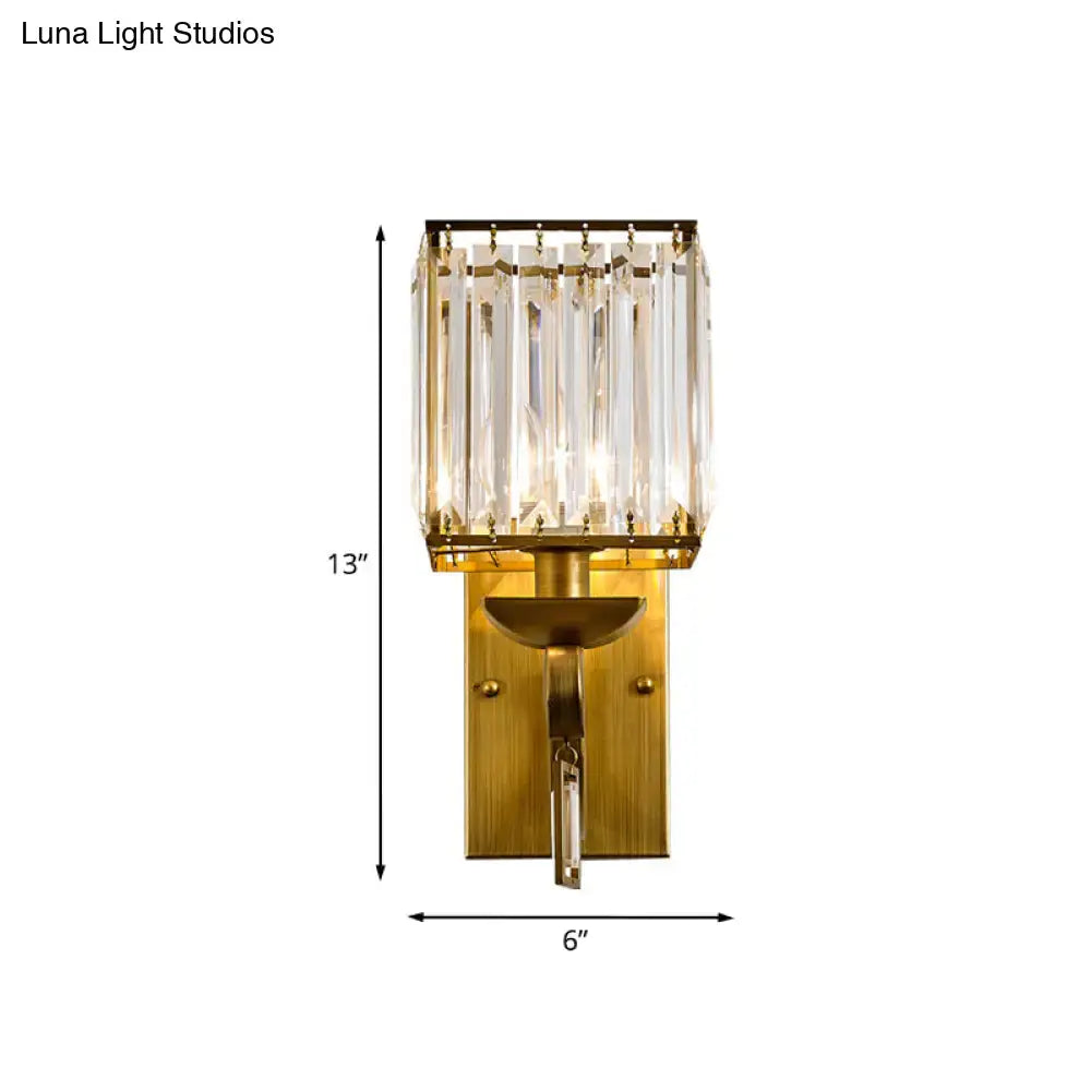 Modern brass crystal block wall light with gold-toned rectangular crystal cage and vertical prisms e12 e14 inch fixture