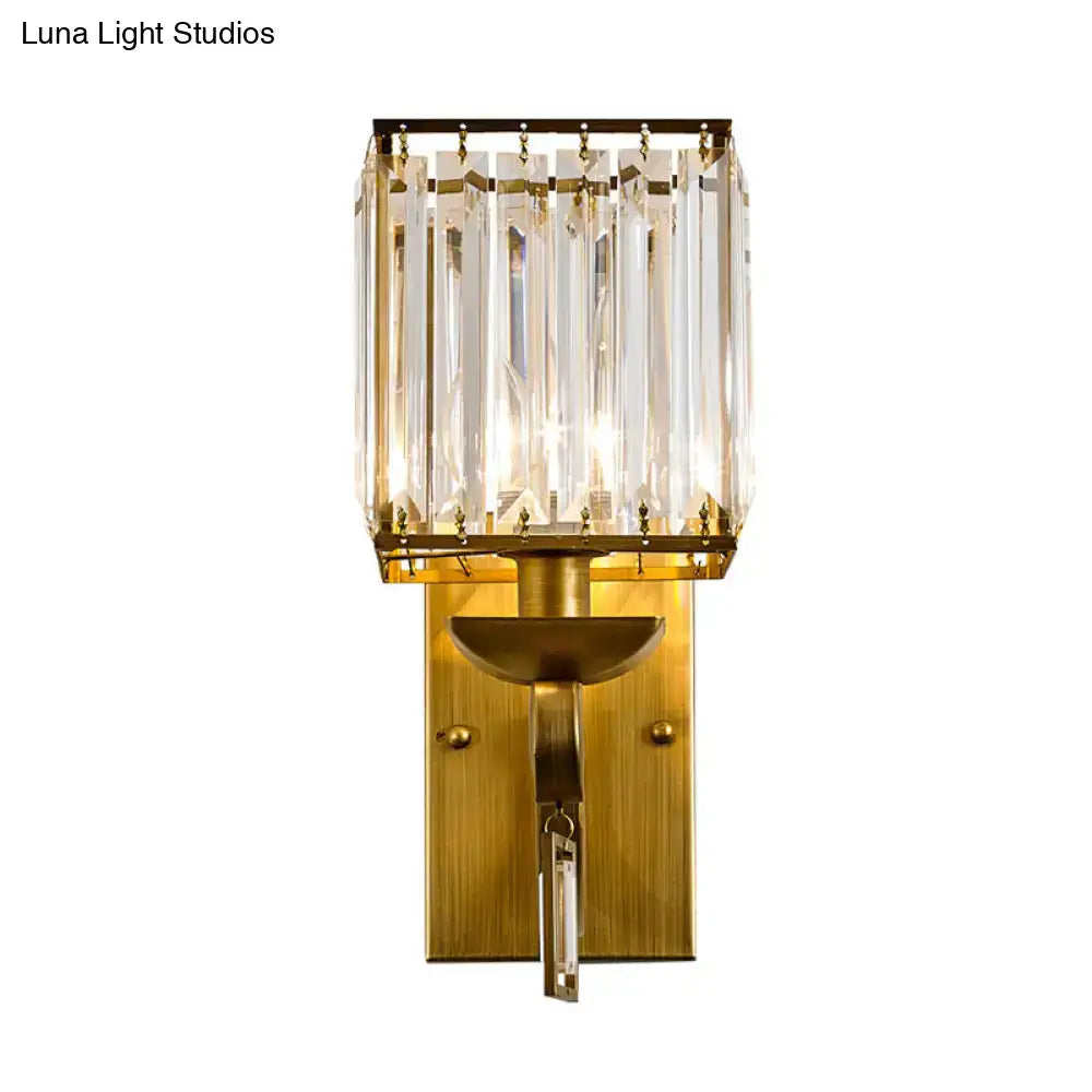 Modern wall light with gold-toned metal frame and vertical crystal prisms e12 e14 12 inch fixture for bedroom