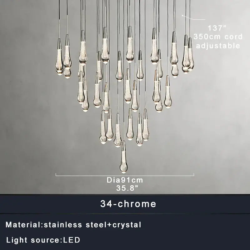 Modern brass crystal ceiling pendant light with 34 chrome teardrop crystal pendants by decorbites brass crystal