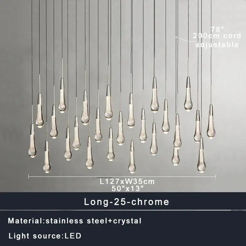 Modern brass crystal ceiling pendant light with 25 teardrop-shaped crystal pendants on stainless steel cords decorbites brass crystal