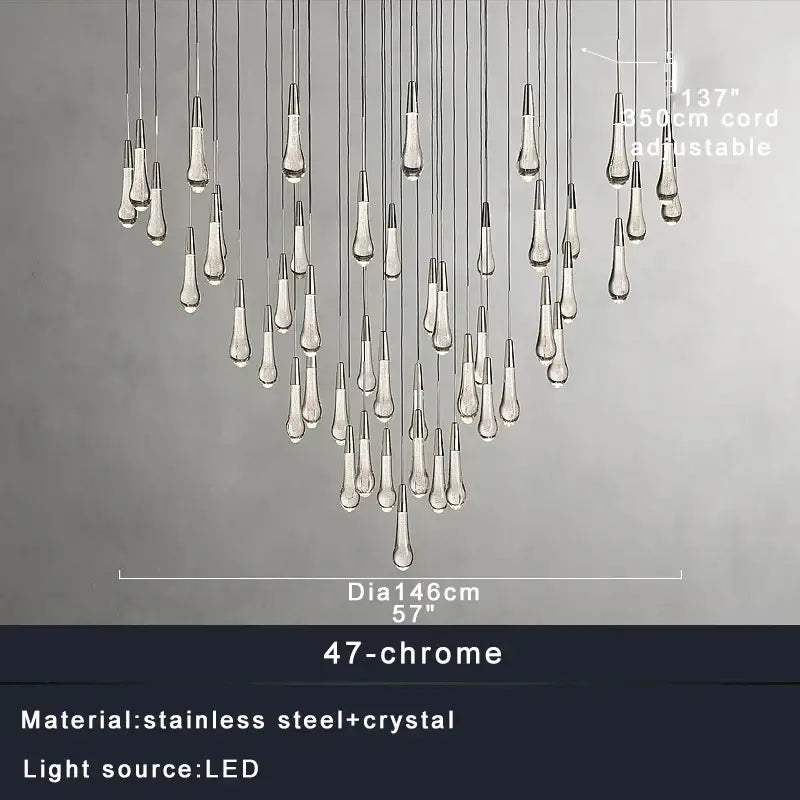 Modern brass crystal ceiling pendant light with 47 chrome teardrop crystal pendants on stainless steel cords