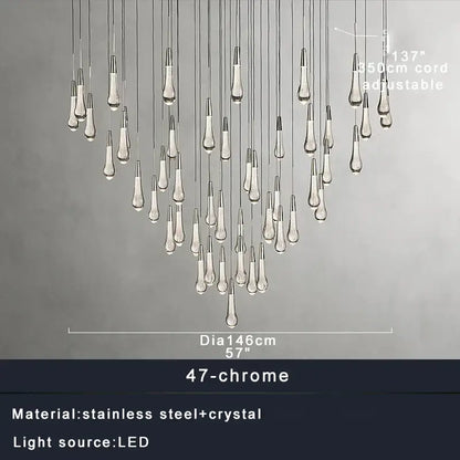 Modern brass crystal ceiling pendant light with 47 chrome teardrop crystal pendants on stainless steel cords
