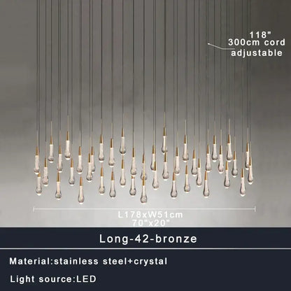 Modern brass crystal ceiling pendant light with bronze finish and 42 crystal teardrop pendants by decorbites