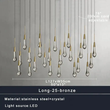Modern brass crystal ceiling pendant light with 25 teardrop pendants bronze tops stainless steel wiring decorbites brass crystal