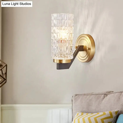 Modern brass crystal flush wall sconce with textured faceted glass and gold-toned metal bracket for bedroom wall lamp