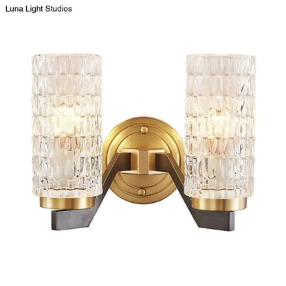 Modern brass crystal flush wall sconce wall lamp with brass and dark metal two-light design and textured clear glass shades