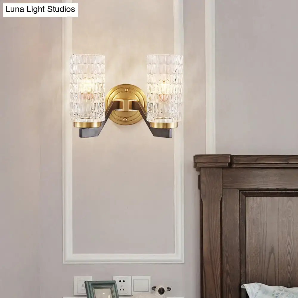 Modern brass flush wall sconce with two textured crystal glass shades for bedroom wall lamp in modern design