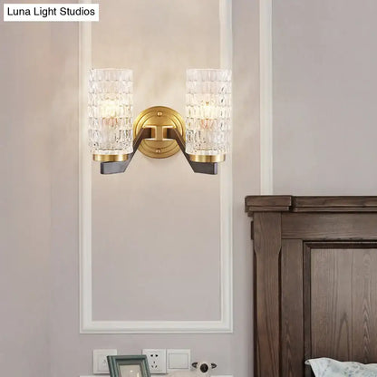 Modern brass flush wall sconce with two textured crystal glass shades for bedroom wall lamp in modern design