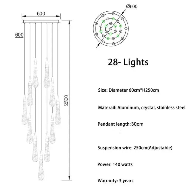 Modern brass decorbites crystal led chandelier with 28 teardrop crystal pendants on aluminum stainless steel frame for dining room