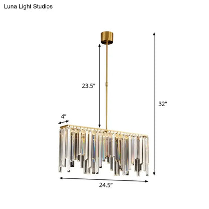 Modern brass crystal led island light with gold finish and cascading clear crystal prisms for dining room use