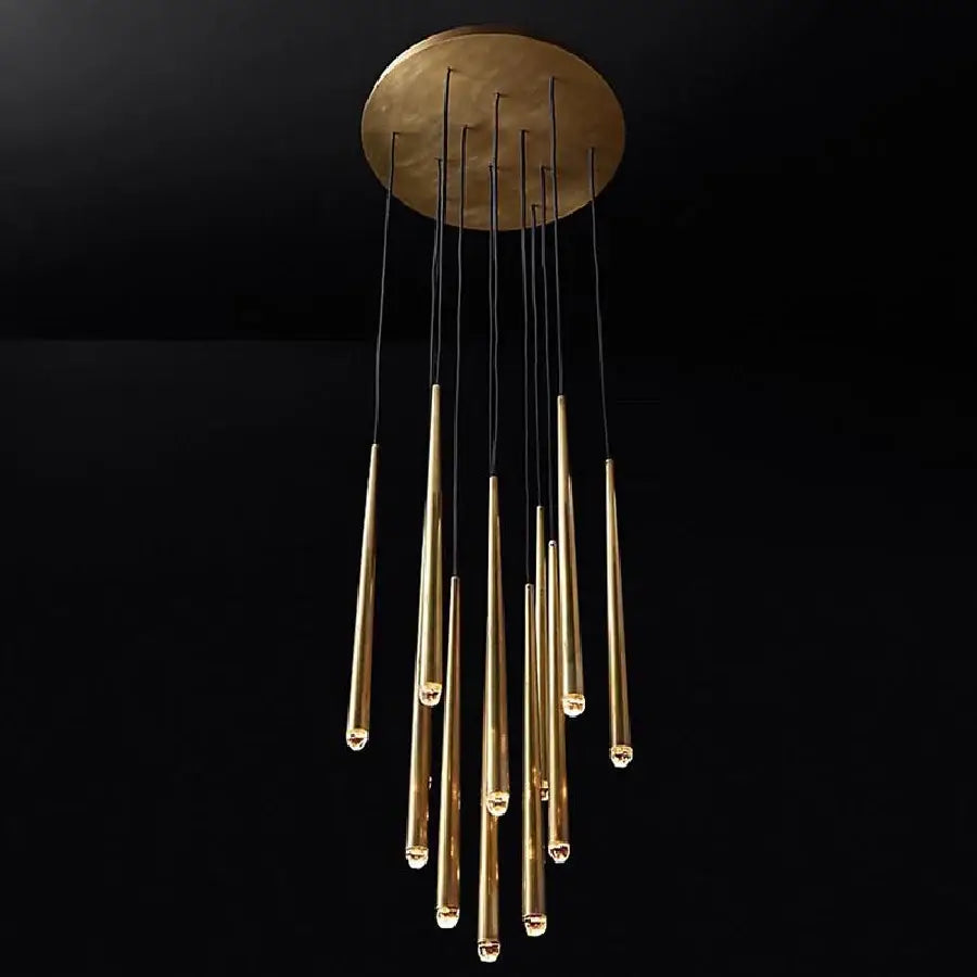 Modern brass crystal led pendant chandelier with gold-toned circular mount and tapered arms for villa stairs decorbites crystal led