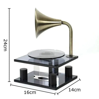 Modern brass crystal music equipment model featuring a brass vintage-style gramophone digital record scanner with glass turntable and black acrylic base for amber living room decorbites crystal music collection