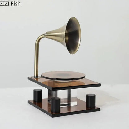 Modern brass crystal music equipment model featuring a vintage-style gramophone with brass and dark wood decorbites crystal music