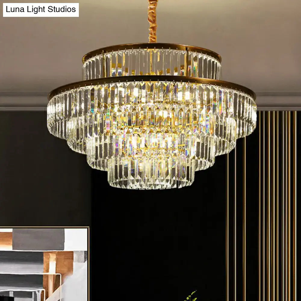 DecorBites modern crystal prism pendant light featuring a multi-tiered crystal chandelier with gold-toned accents