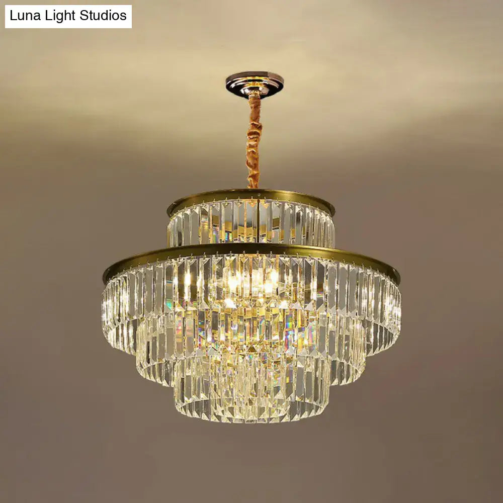 DecorBites™ modern crystal prism pendant light with gold metal frame and faceted crystals for living room lighting