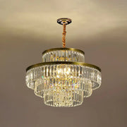 DecorBites™ modern crystal prism pendant light with brass finish and cascading clear glass prisms for living room