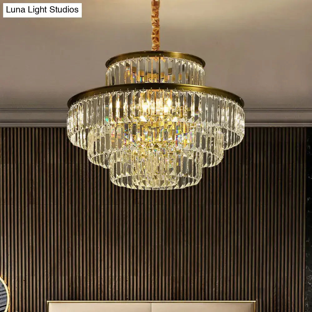 DecorBites™ modern crystal prism pendant light with gold metal accents and clear glass prisms for living room lighting