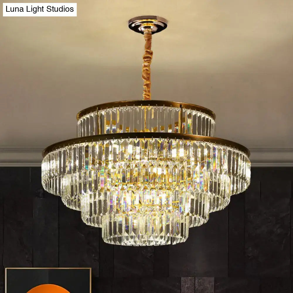 DecorBites™ modern crystal prism pendant light with multi-tiered crystal chandelier and gold-finished metal frame for living room