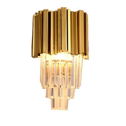 Modern brass wall lamp with gold-toned vertical bars and cascading crystal prisms direct wired electric for living room