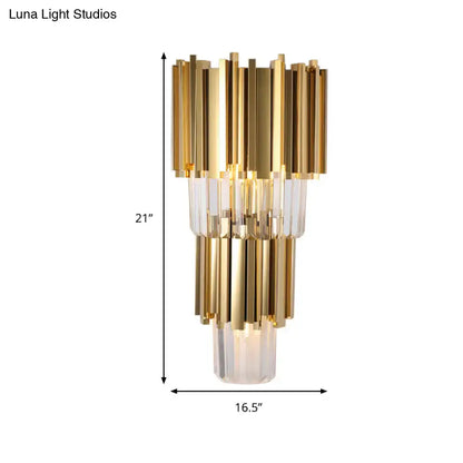 Modern brass crystal prisms direct wired electric wall lamp with gold-toned cylindrical rods and clear crystal prisms