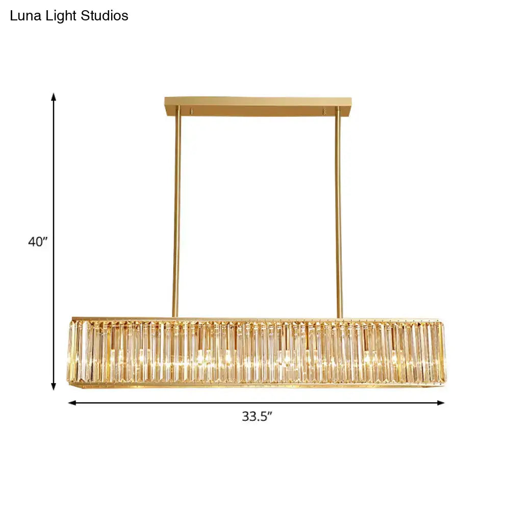 Modern brass crystal rectangle chandelier with gold finish and vertical crystal rods compatible with e26 e27 bulb base 220v-240v