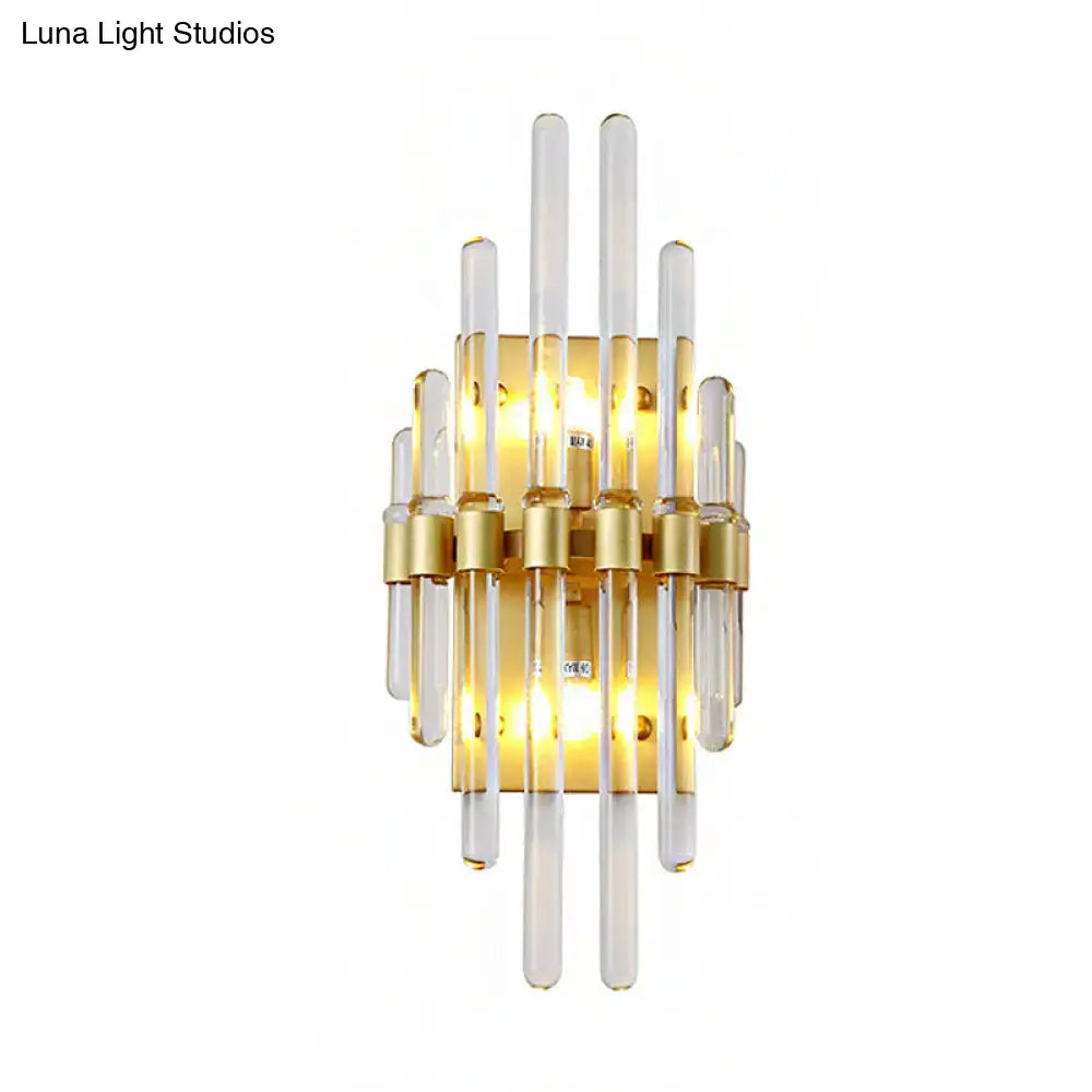Modern brass crystal tube wall lighting with gold-toned sconce and clear crystal tube rods for living room decor