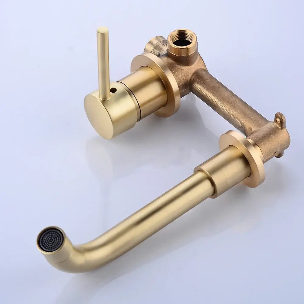 Modern brass curved wall mounted bathroom faucet with a sleek design and brass finish curved spout