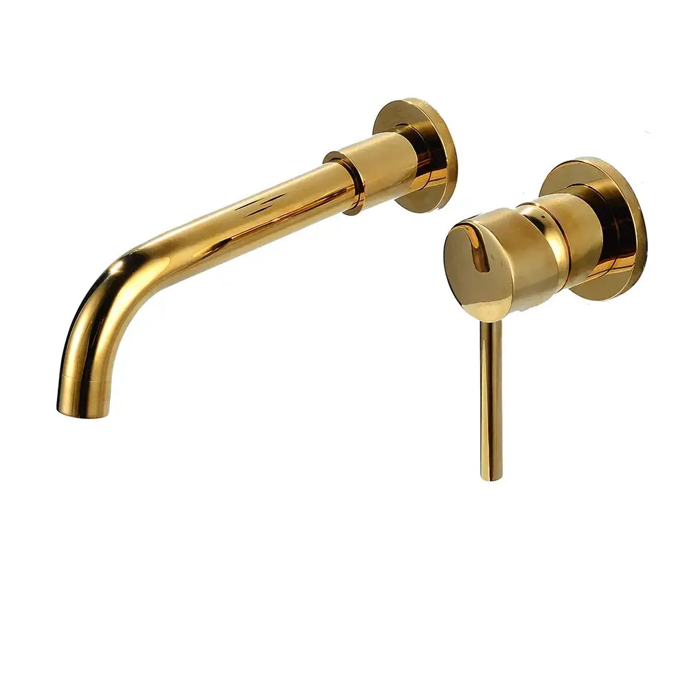 Modern brass curved wall mounted faucet with gold finish and matching cylindrical handle for bathroom fixture