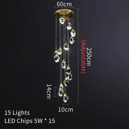 Modern brass decorbites crystal led chandelier with gold-toned mount and 15 clear faceted crystals for living room light