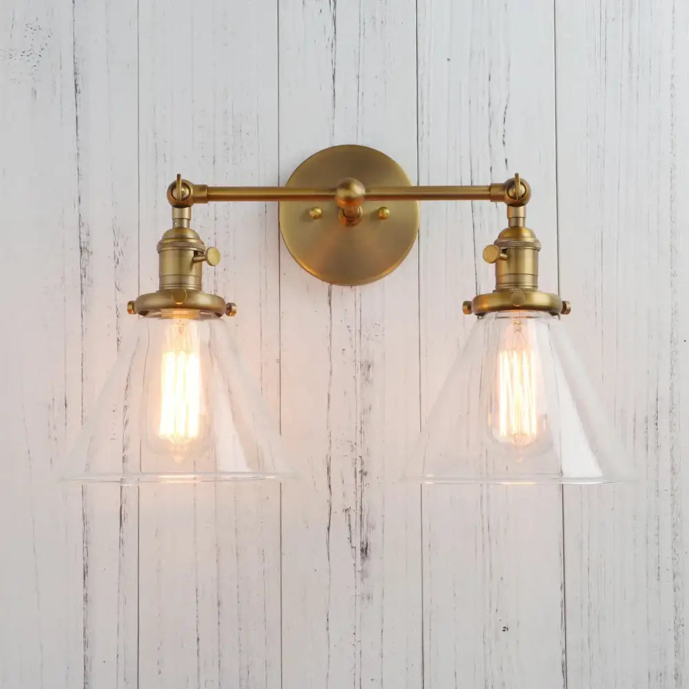 Modern brass decorbites funnel glass wall sconce with brass finish double light fixture and clear conical shades