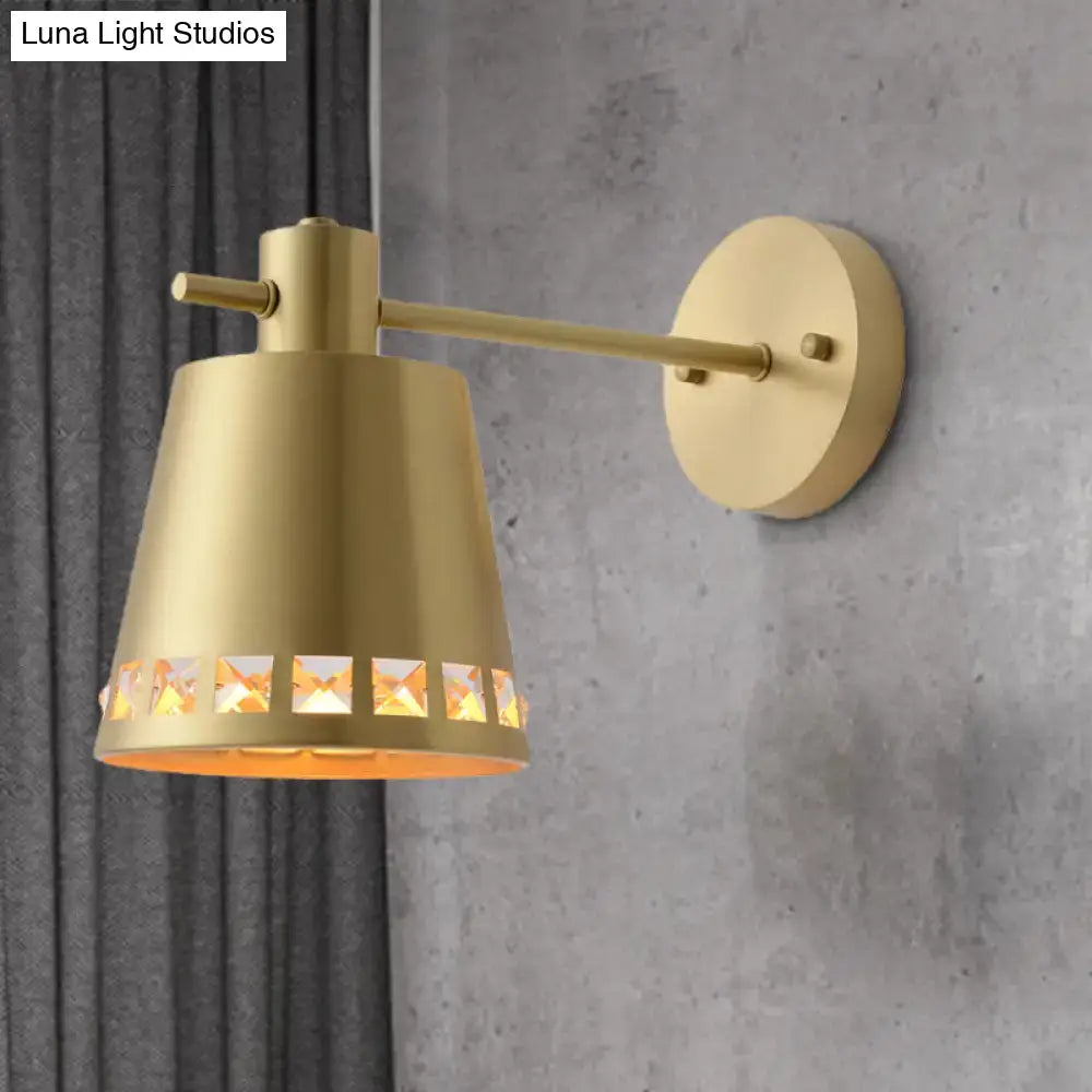 Modern brass diamond cutout wall lamp in gold tone with conical shade and crystal accents for e26 e27 bulbs