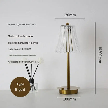Modern brass diamond touch desk lamp with gold-toned metallic base and fluted acrylic glass shade for bedroom use