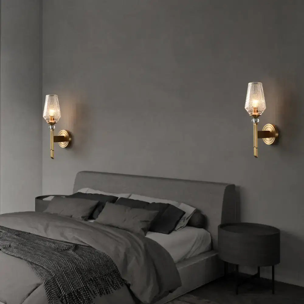 Modern brass diamond wall light with gold-toned lattice glass shade and textured glass for bedroom wall light use