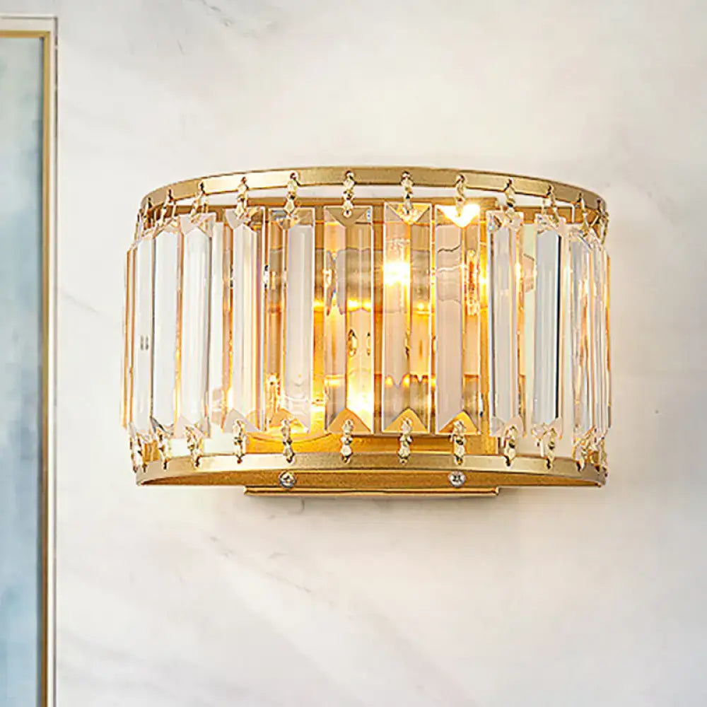 Modern brass drum shaped wall sconce with gold finish vertical crystal prisms and clear crystals for e12 e14 bulb use