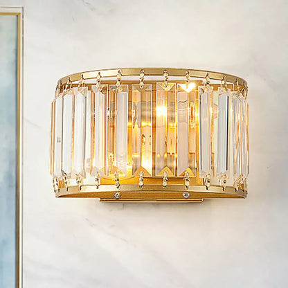 Modern brass drum shaped wall sconce with gold finish vertical crystal prisms and clear crystals for e12 e14 bulb use