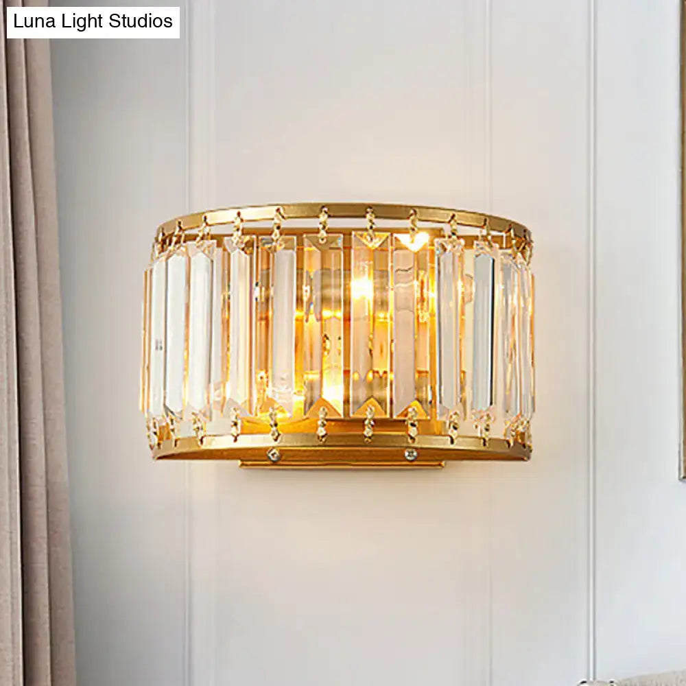 Modern brass drum shaped wall sconce with gold finish vertical and dangling crystal rods for e12 e14 bulb lighting