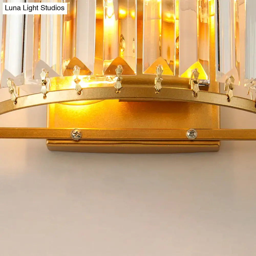Modern brass drum shaped wall sconce with gold tone vertical crystal prisms and decorative finials for e12 e14 bulb