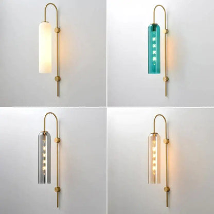 Modern brass e27 glass wall light with cylindrical glass shade in white teal gray or amber tones for bedroom use