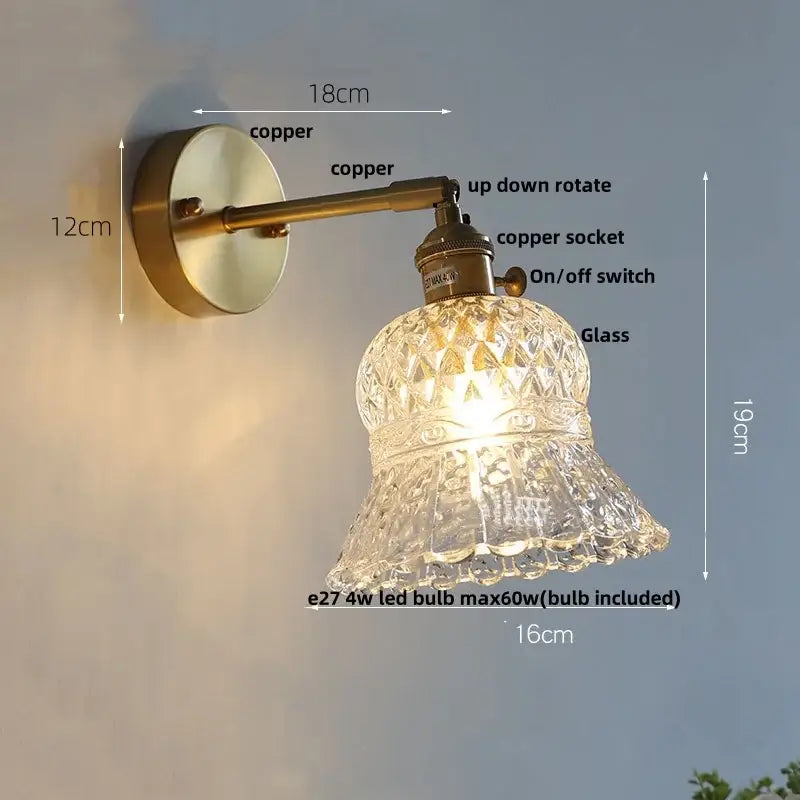 Modern brass e27 led wall sconce with antique brass finish and faceted glass bell shade for bedroom decorbites brass e27